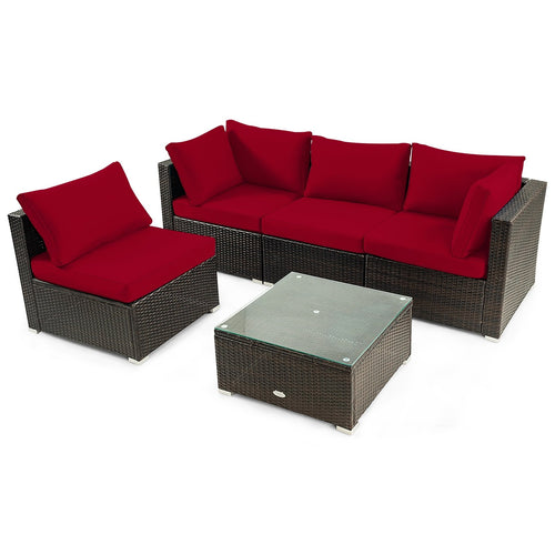5 Pieces Cushioned Patio Rattan Furniture Set with Glass Table, Red