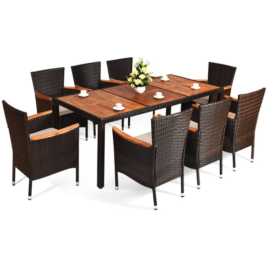 9 Piece Rattan Dining Set, Acacia Wood Table, Stackable Cushioned Chairs Patio Dining Sets Options at Gallery Canada