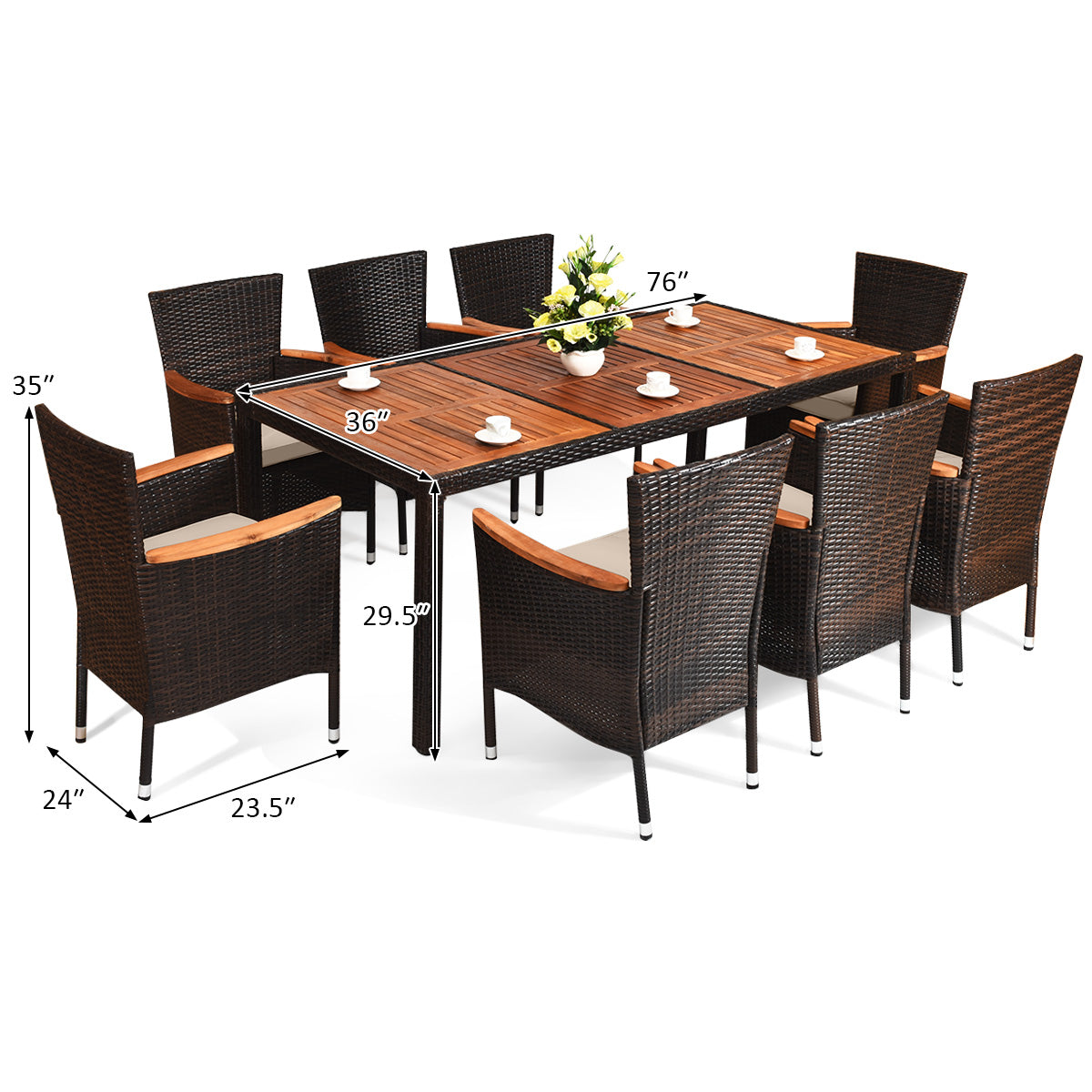 9 Piece Rattan Dining Set, Acacia Wood Table, Stackable Cushioned Chairs Patio Dining Sets at Gallery Canada