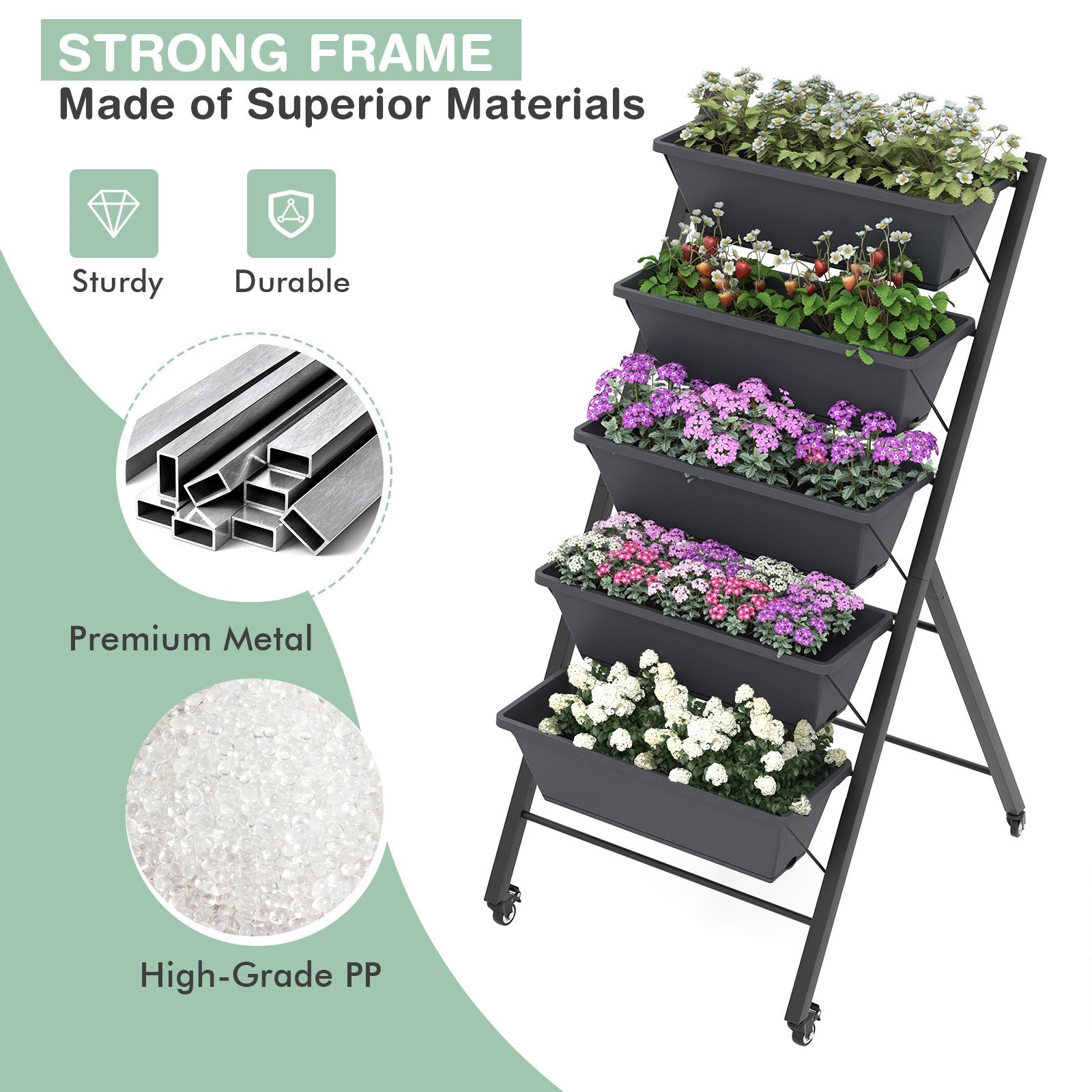 5-Tier Vertical Raised Garden Bed with Wheels and Container Boxes, Black - Gallery Canada