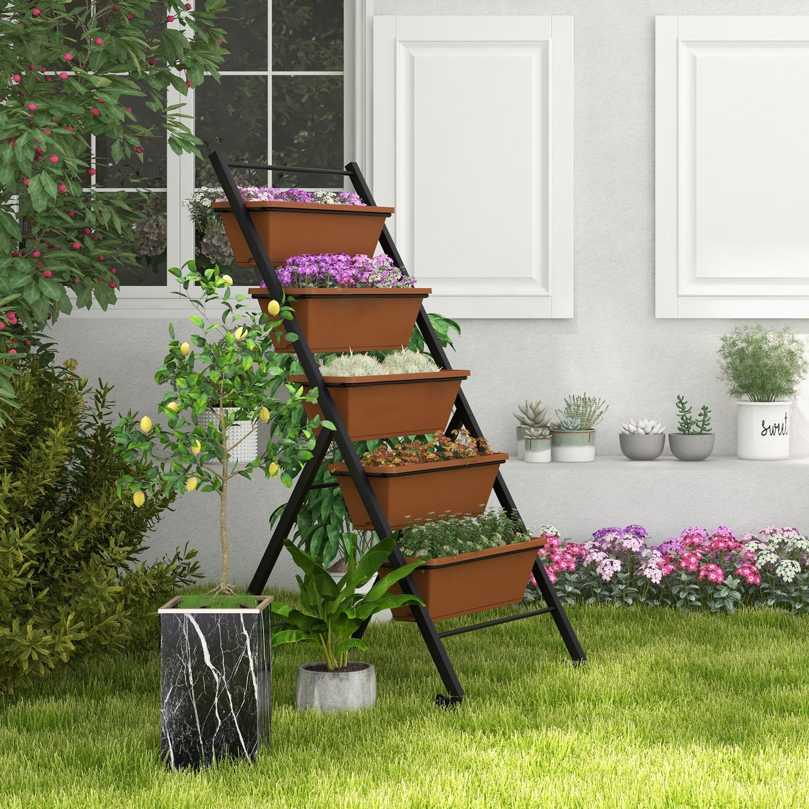 5-Tier Vertical Raised Garden Bed with Wheels and Container Boxes, Brown - Gallery Canada