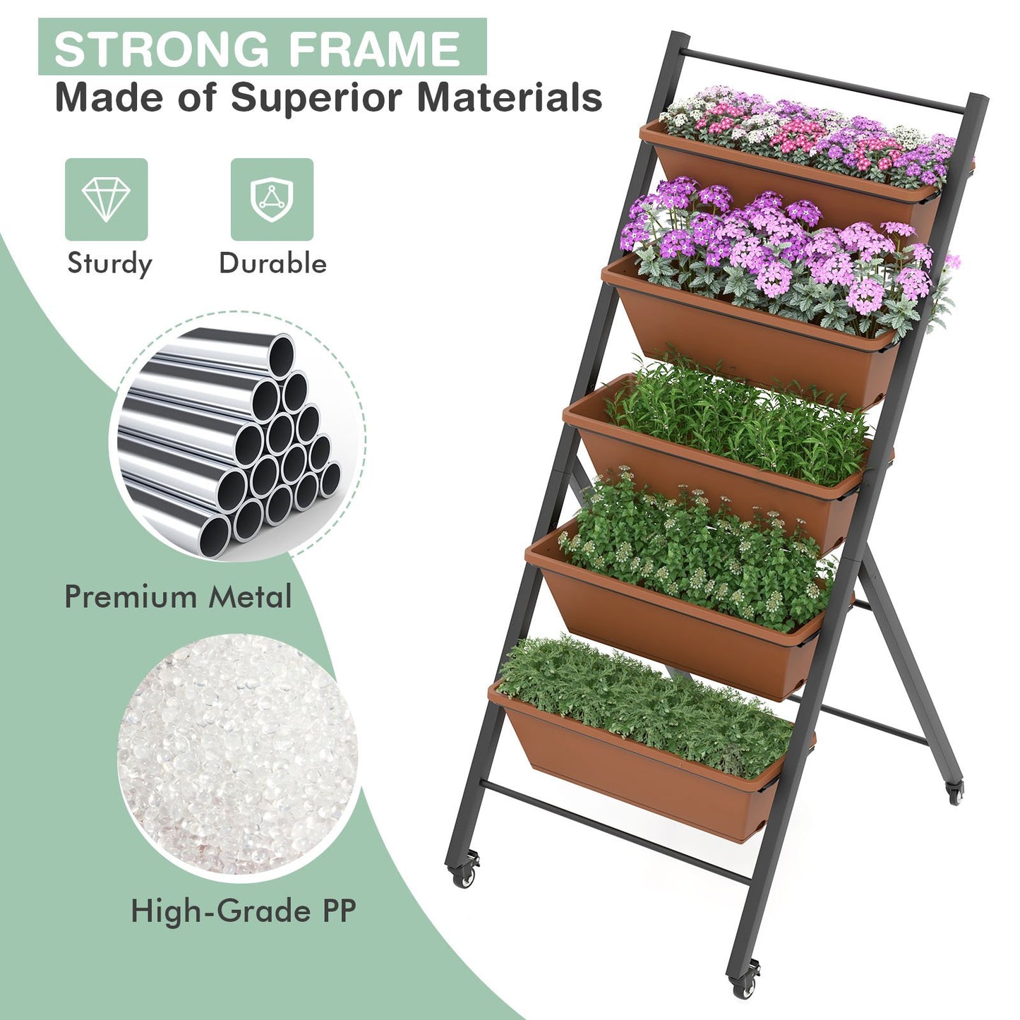5-Tier Vertical Raised Garden Bed with Wheels and Container Boxes, Brown - Gallery Canada