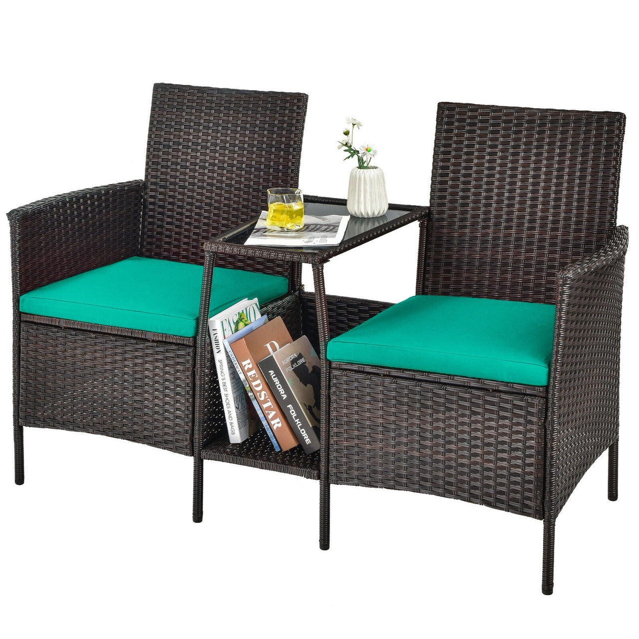 Rattan Patio Conversation Set Cushioned with Glass Table - Gallery View 7 of 10