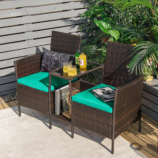 Patio Rattan Wicker Conversation Set Sofa Cushioned Loveseat Glass Table, Turquoise Patio Conversation Sets Turquoise at Gallery Canada