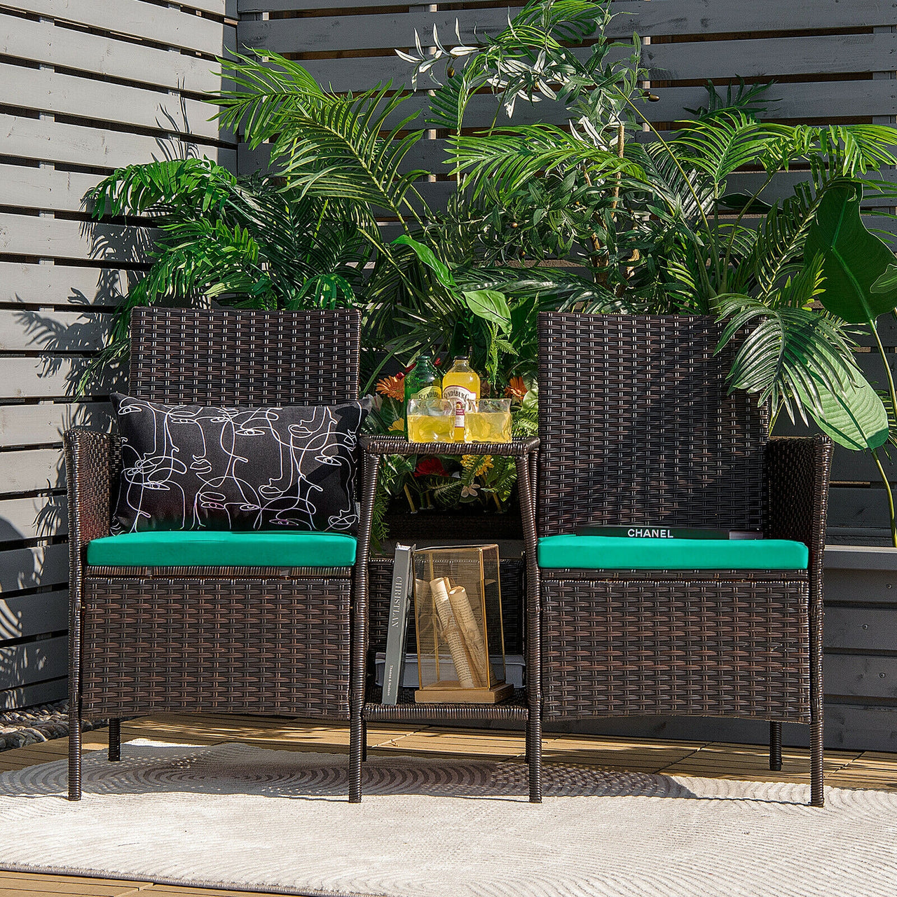 Rattan Patio Conversation Set Cushioned with Glass Table - Gallery View 6 of 10