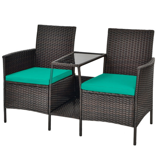 Rattan Wicker Conversation Set, Loveseat With Cushions, Glass Table, Turquoise
