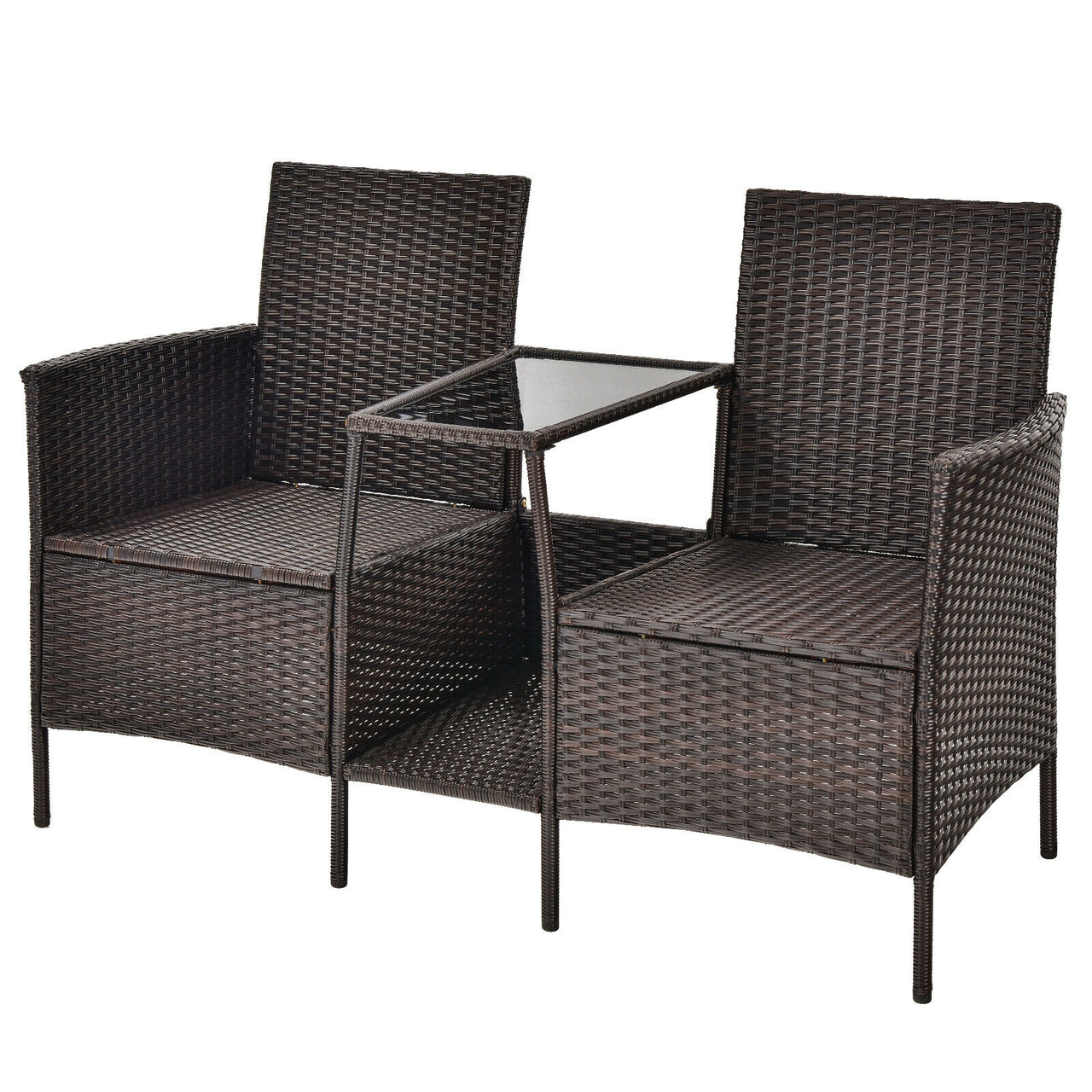 Rattan Patio Conversation Set Cushioned with Glass Table - Gallery View 4 of 10