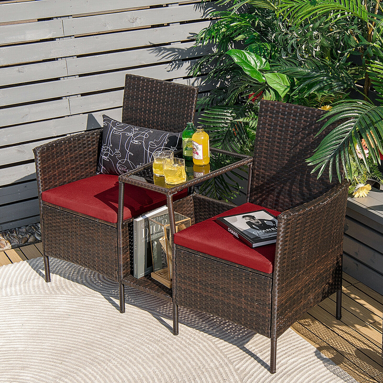 Rattan Patio Conversation Set Cushioned with Glass Table - Gallery View 2 of 10
