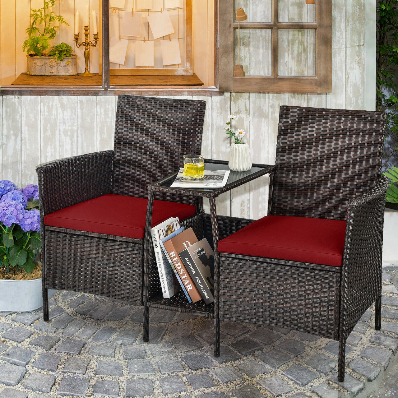 Rattan Patio Conversation Set Cushioned with Glass Table - Gallery View 6 of 10