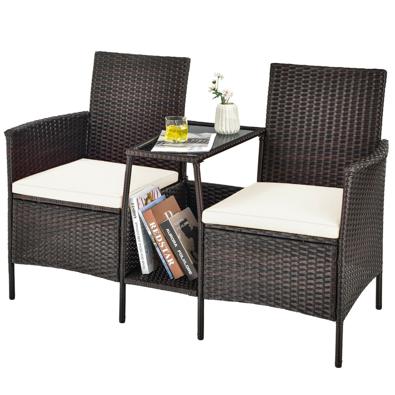 Rattan Patio Conversation Set Cushioned with Glass Table - Gallery View 6 of 9