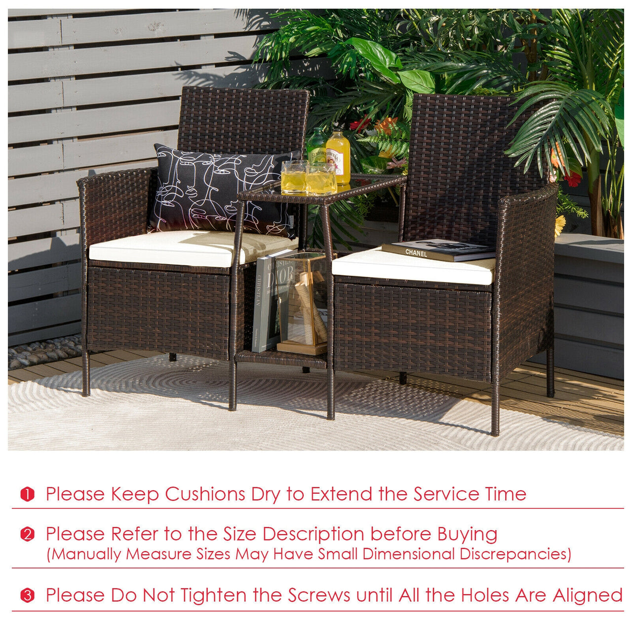 Rattan Patio Conversation Set Cushioned with Glass Table - Gallery View 9 of 9