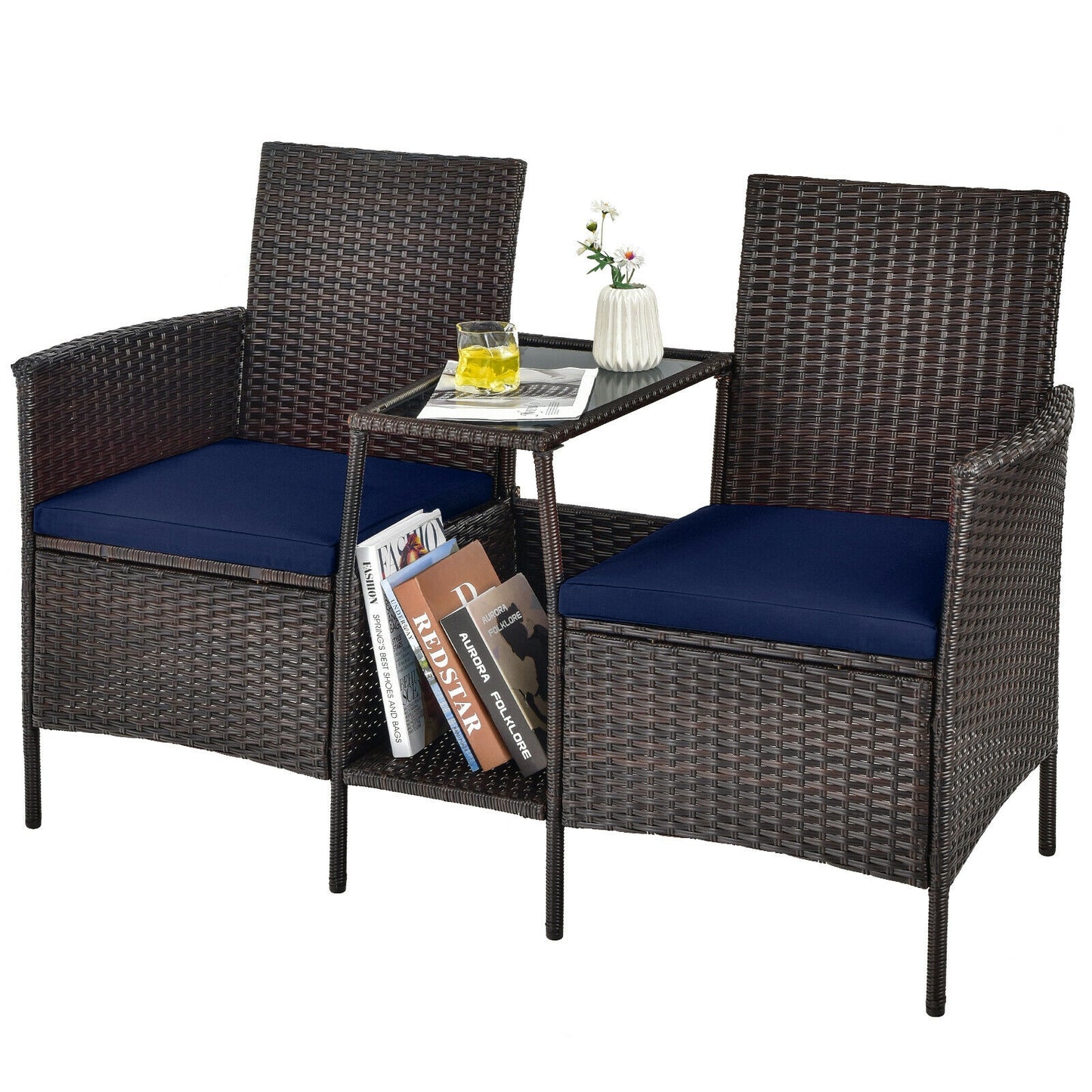 Patio Rattan Wicker Conversation Set Sofa Cushioned Loveseat Glass Table, Navy Patio Conversation Sets at Gallery Canada