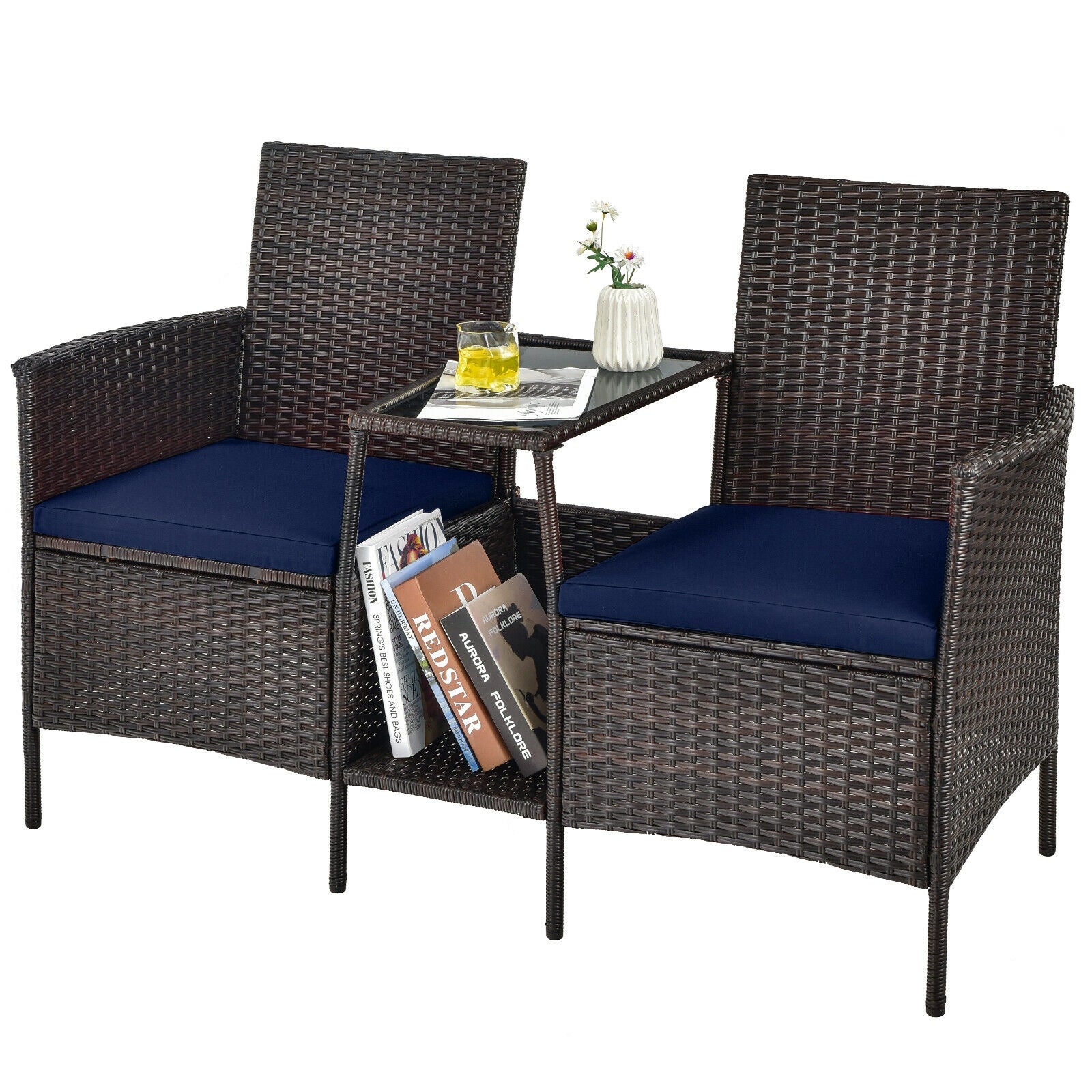 Patio Rattan Wicker Conversation Set Sofa Cushioned Loveseat Glass Table, Navy Patio Conversation Sets at Gallery Canada