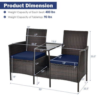 Patio Rattan Wicker Conversation Set Sofa Cushioned Loveseat Glass Table, Navy Patio Conversation Sets at Gallery Canada