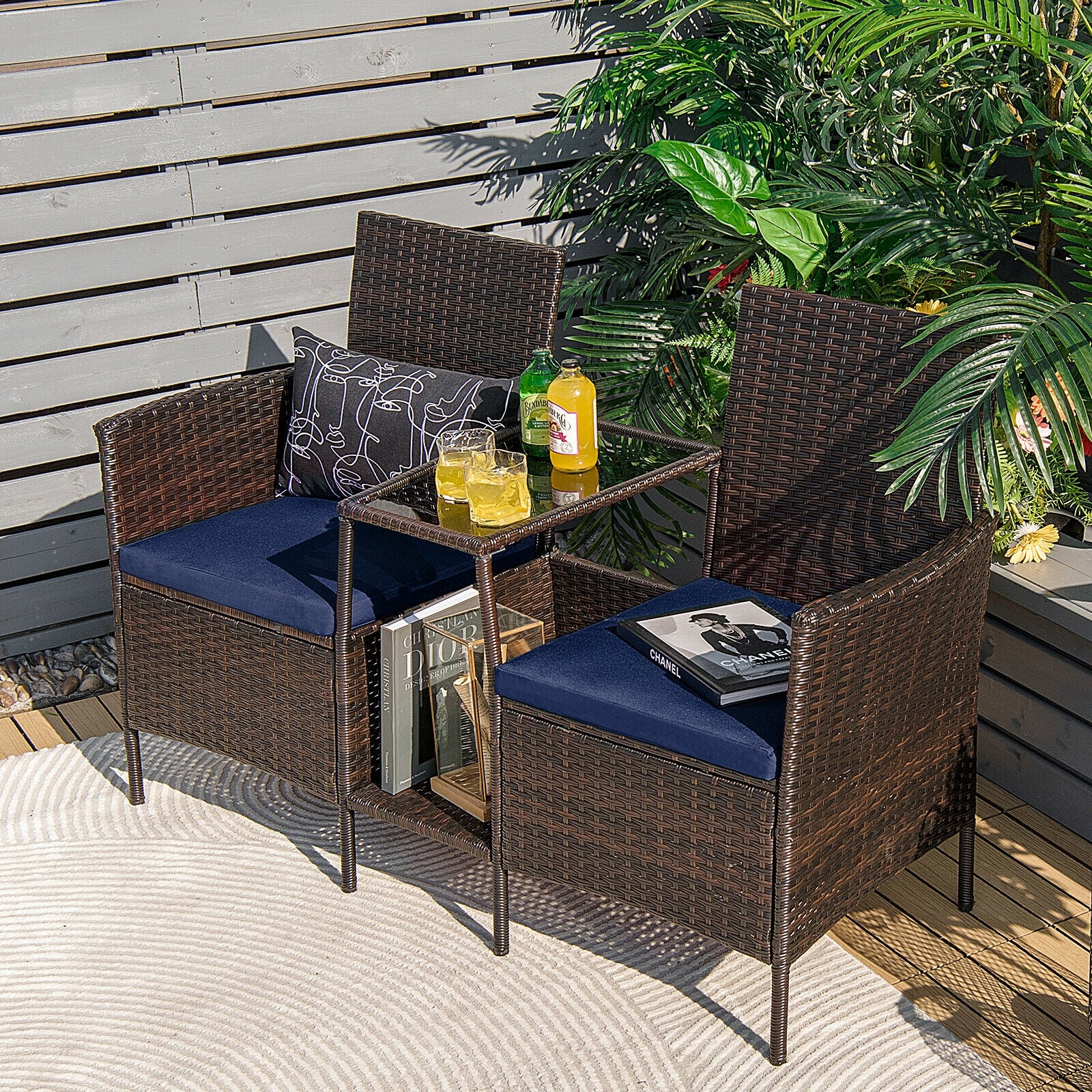 Patio Rattan Wicker Conversation Set Sofa Cushioned Loveseat Glass Table, Navy Patio Conversation Sets at Gallery Canada