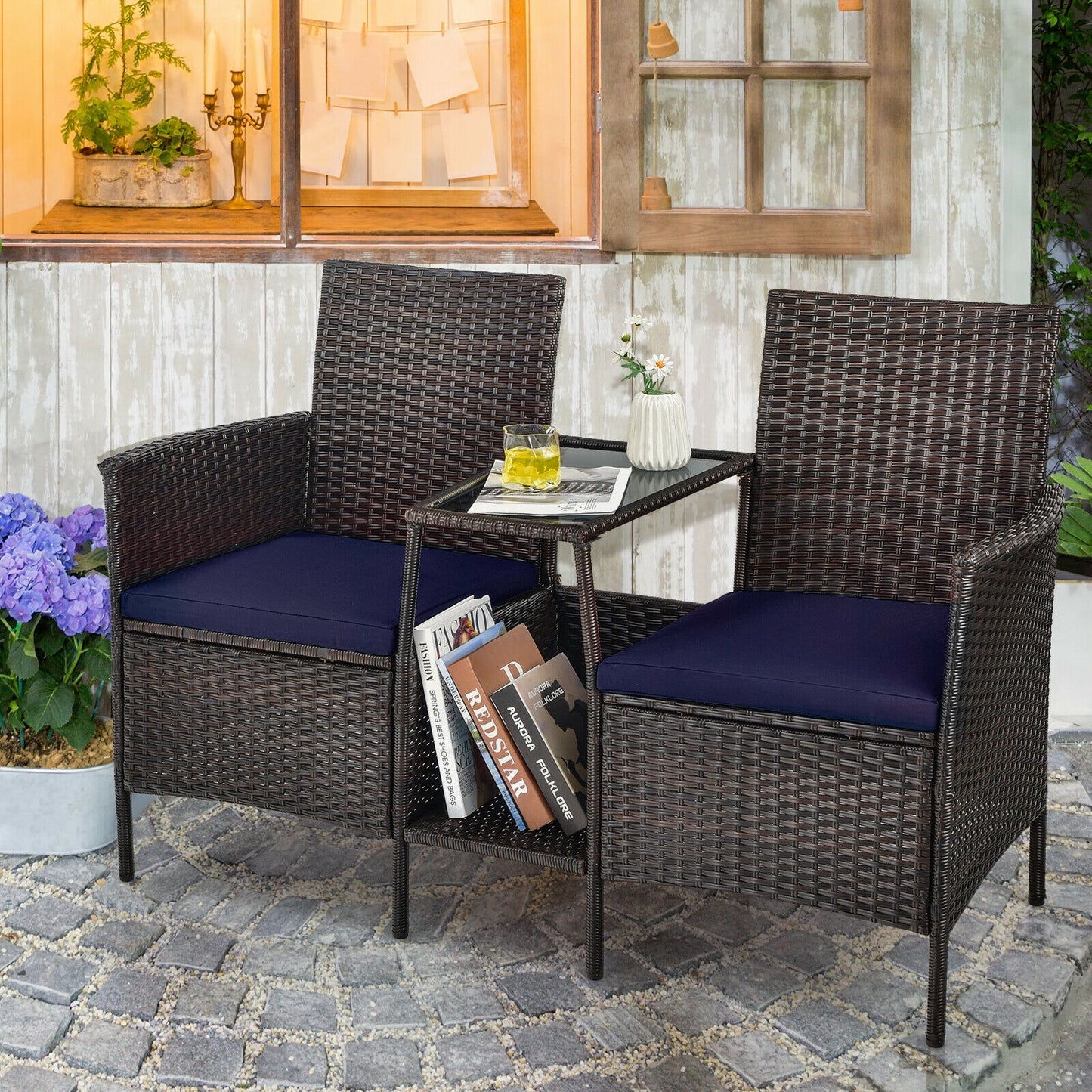 Patio Rattan Wicker Conversation Set Sofa Cushioned Loveseat Glass Table, Navy Patio Conversation Sets at Gallery Canada