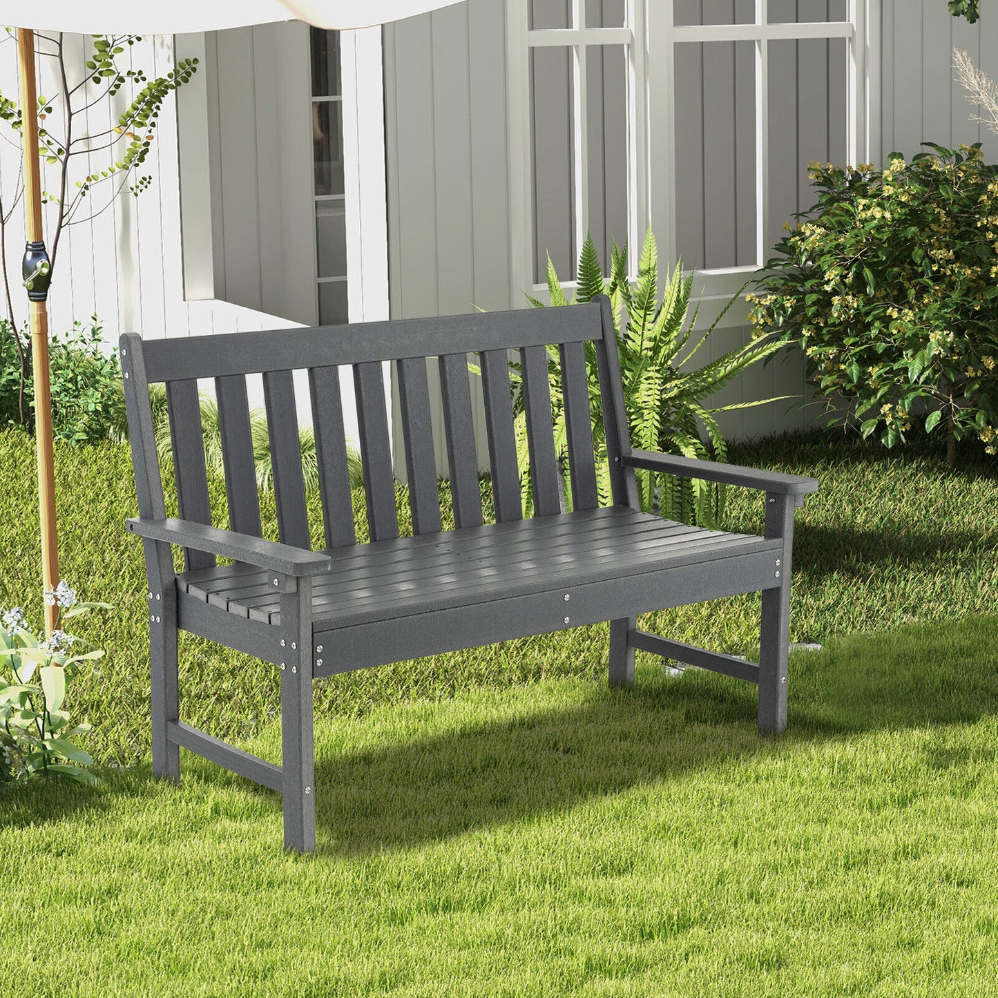 52 Inch All-Weather HDPE Outdoor Bench with Backrest and Armrests, Gray Outdoor Benches at Gallery Canada