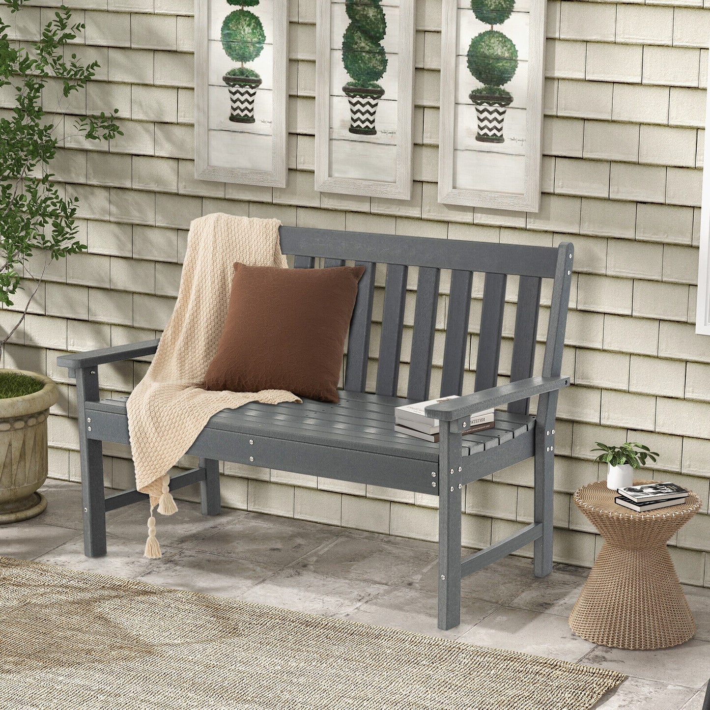 52 Inch All-Weather HDPE Outdoor Bench with Backrest and Armrests, Gray Outdoor Benches at Gallery Canada