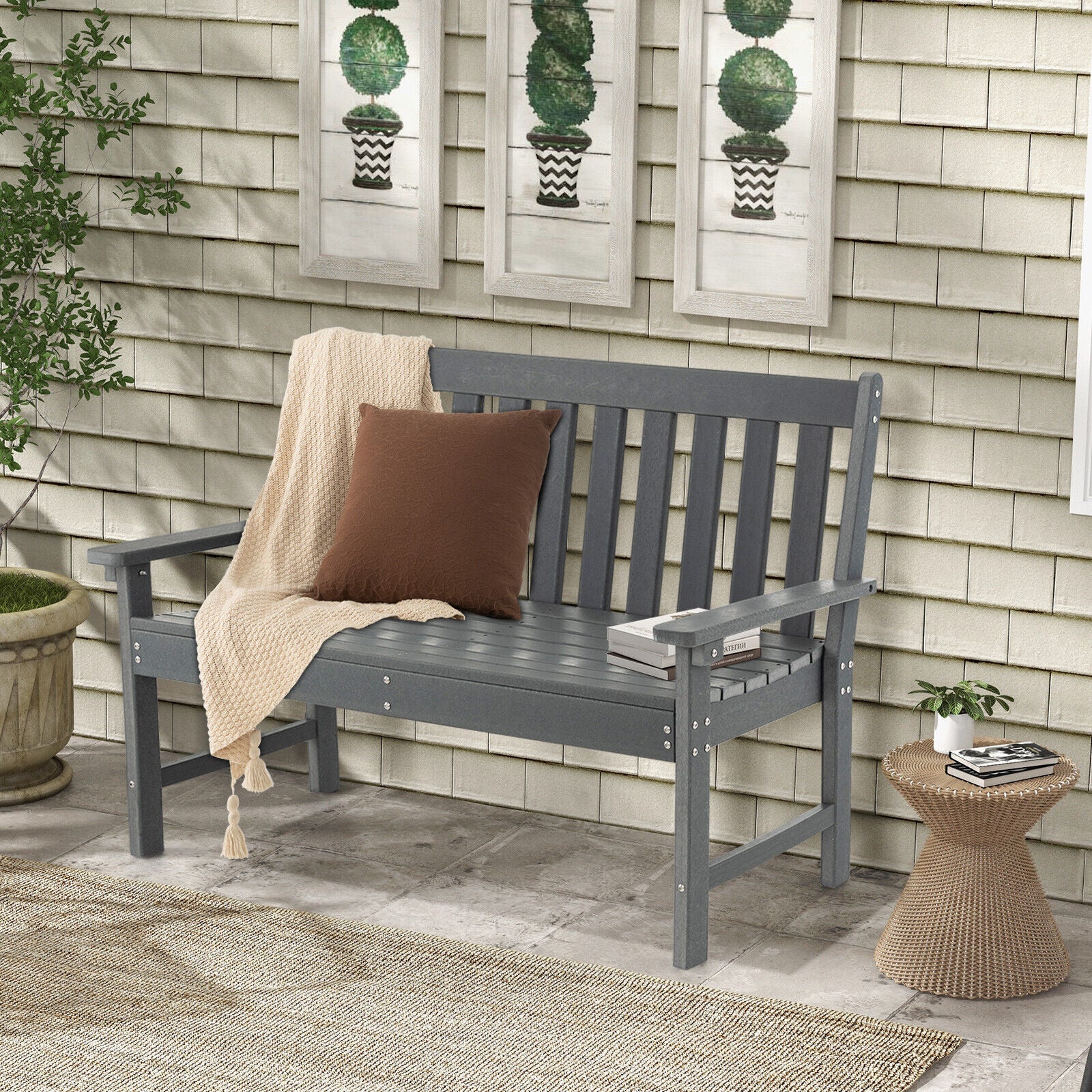52 Inch All-Weather HDPE Outdoor Bench with Backrest and Armrests, Gray Outdoor Benches at Gallery Canada