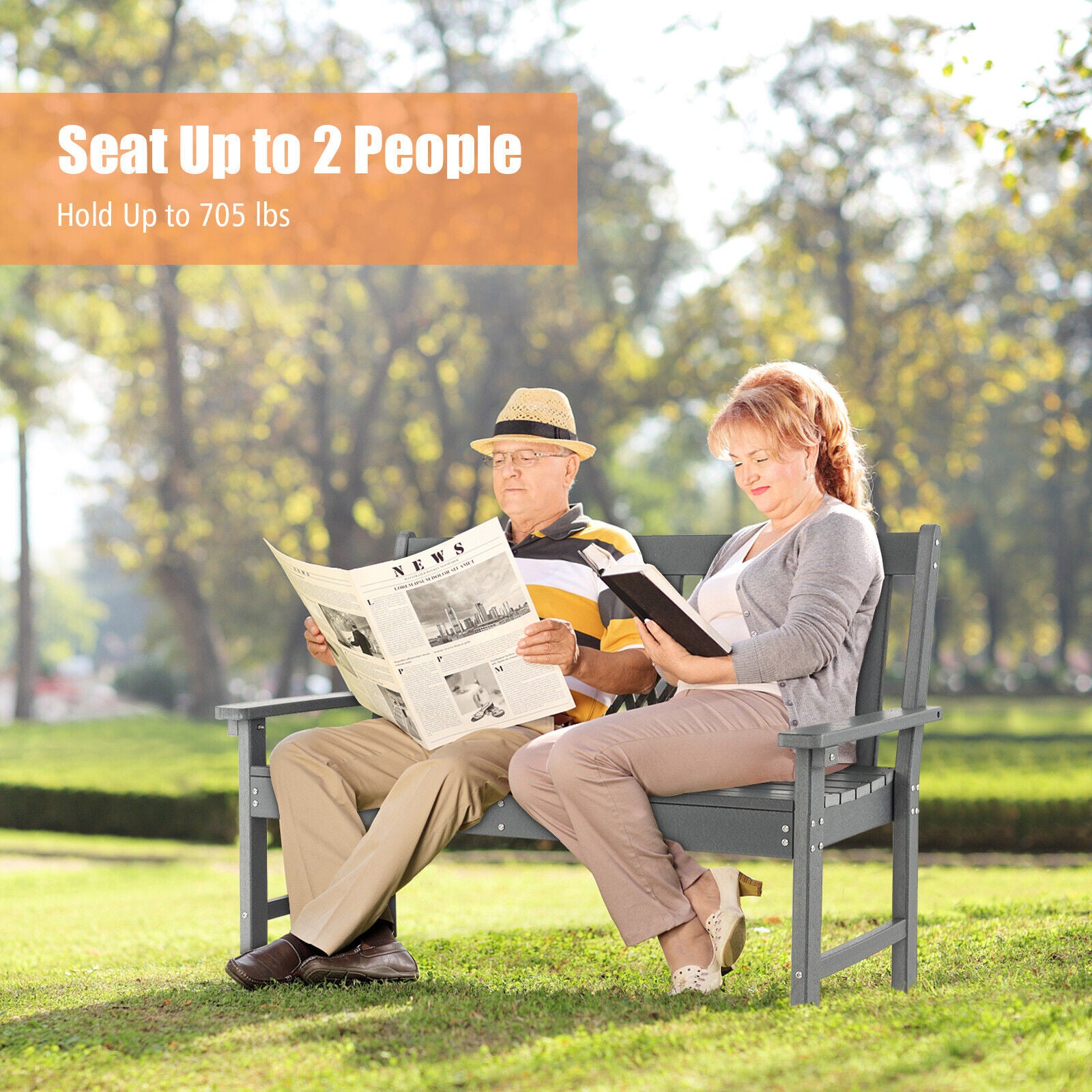 52 Inch All-Weather HDPE Outdoor Bench with Backrest and Armrests, Gray Outdoor Benches at Gallery Canada