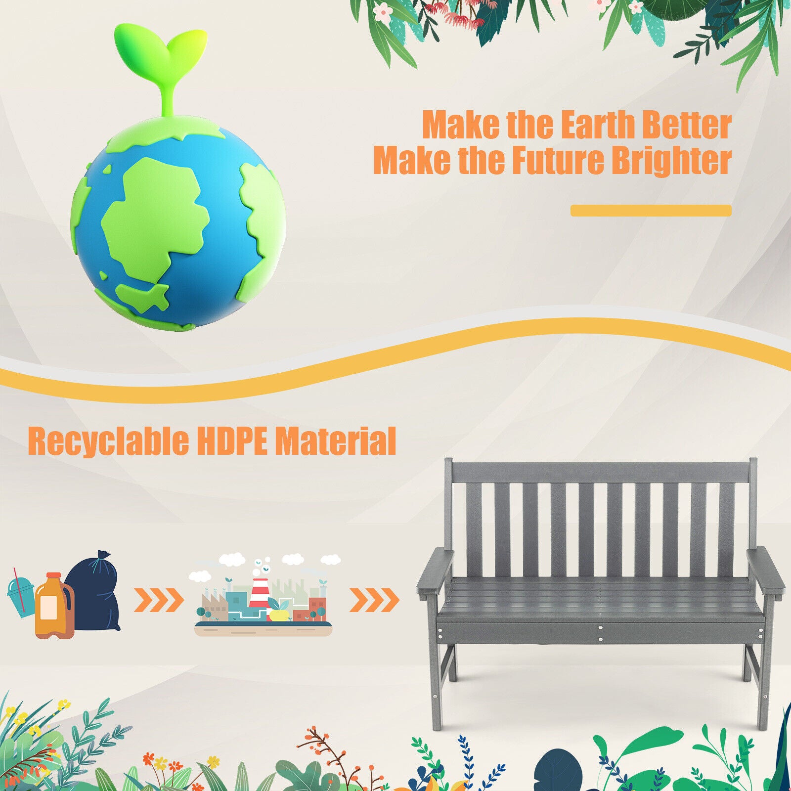 52 Inch All-Weather HDPE Outdoor Bench with Backrest and Armrests, Gray Outdoor Benches at Gallery Canada