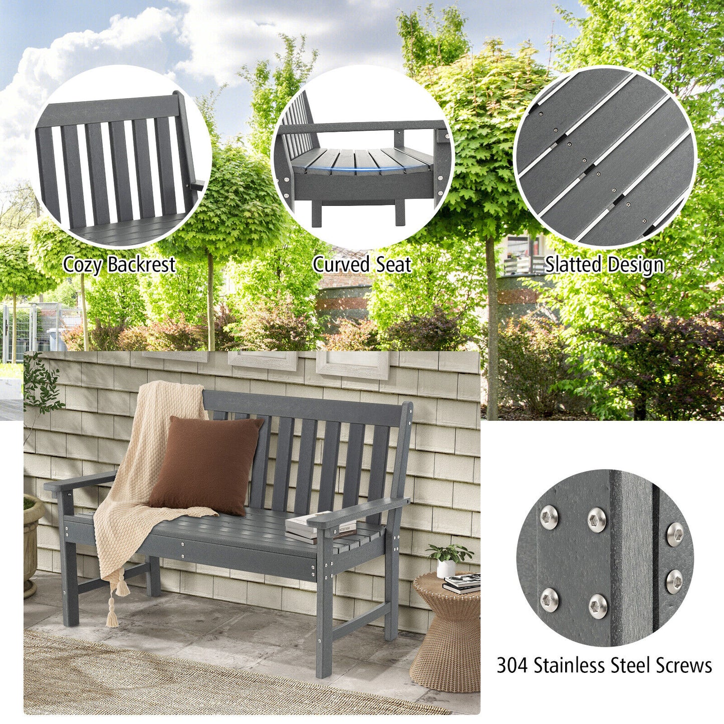 52 Inch All-Weather HDPE Outdoor Bench with Backrest and Armrests, Gray Outdoor Benches at Gallery Canada