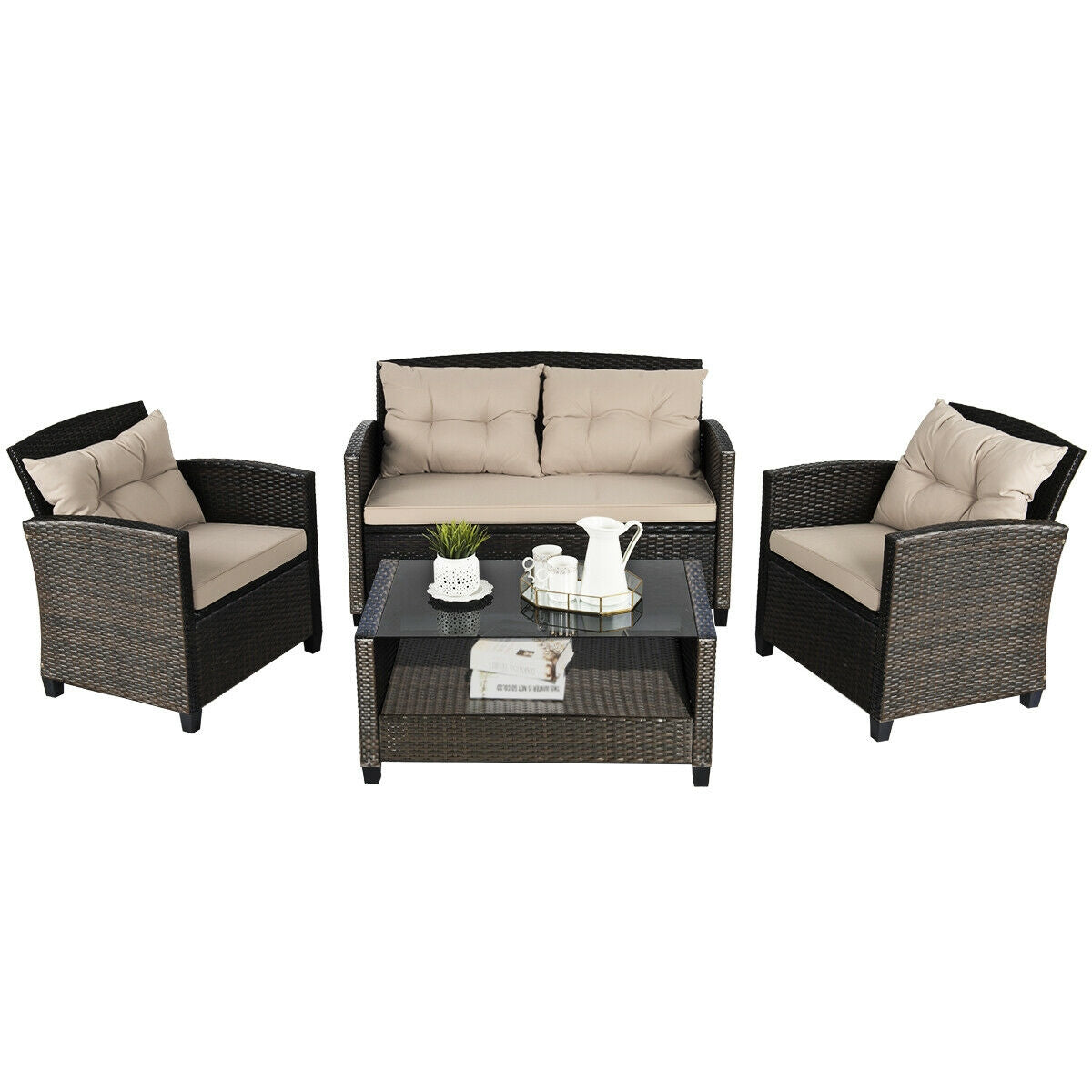 4-Piece Outdoor Rattan Furniture Set With Glass Table Patio Conversation Sets at Gallery Canada