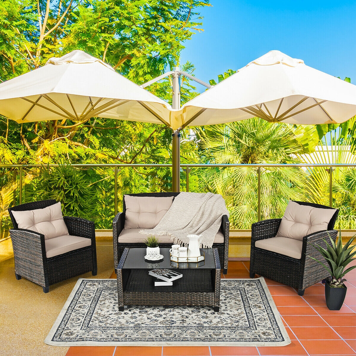 4-Piece Outdoor Rattan Furniture Set With Glass Table Patio Conversation Sets at Gallery Canada