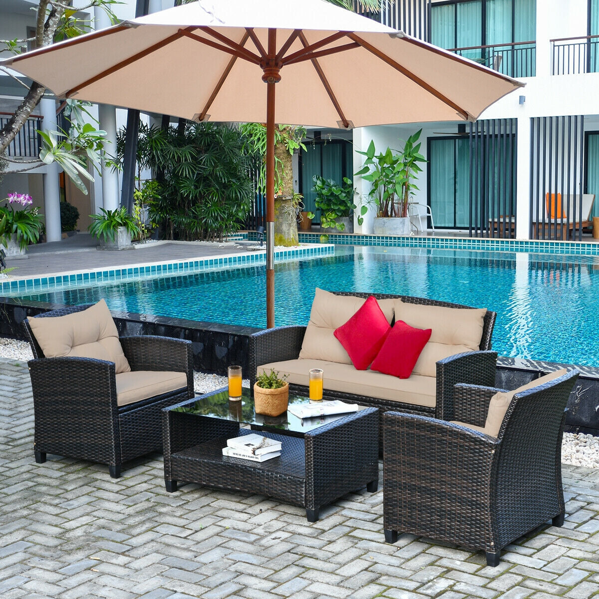 4-Piece Outdoor Rattan Furniture Set With Glass Table Patio Conversation Sets at Gallery Canada