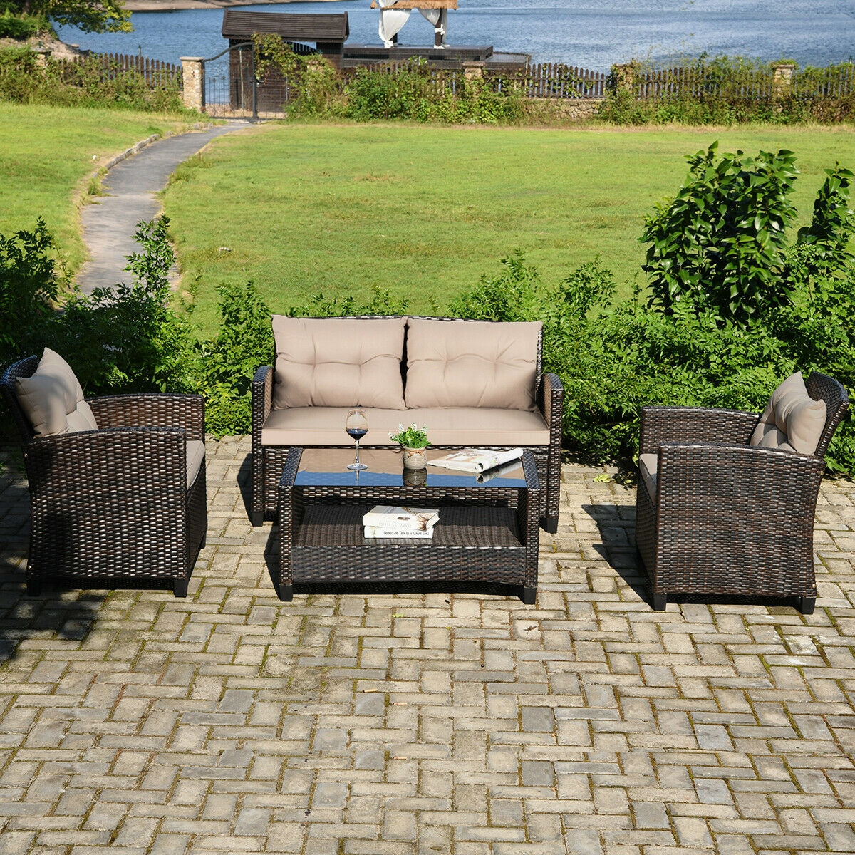 4-Piece Outdoor Rattan Furniture Set With Glass Table Patio Conversation Sets at Gallery Canada