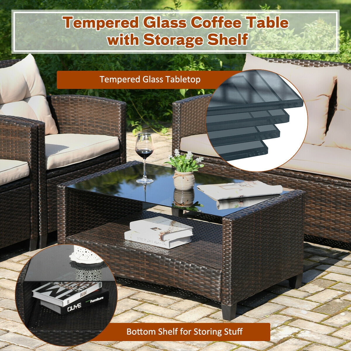 4-Piece Outdoor Rattan Furniture Set With Glass Table Patio Conversation Sets at Gallery Canada