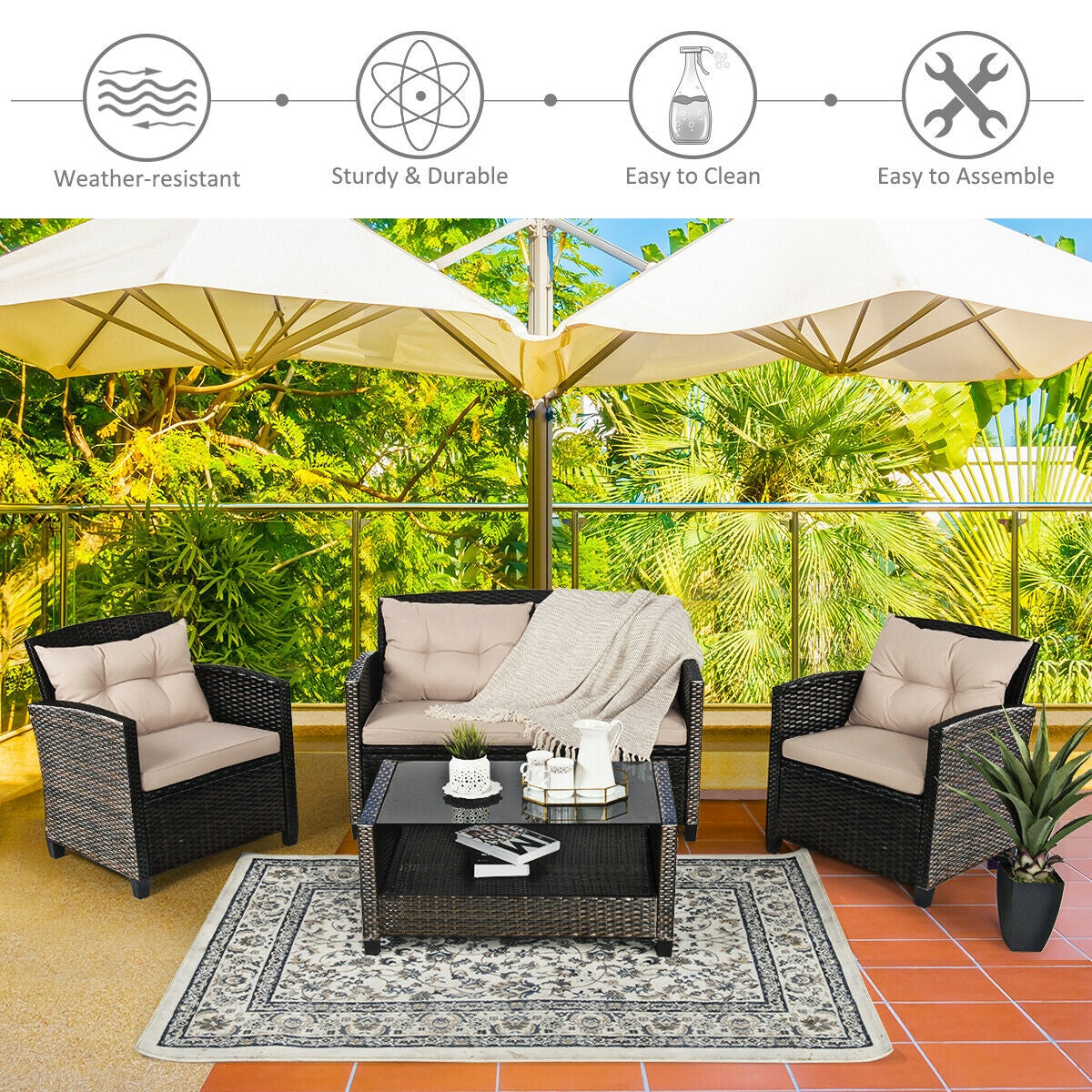 4-Piece Outdoor Rattan Furniture Set With Glass Table Patio Conversation Sets at Gallery Canada