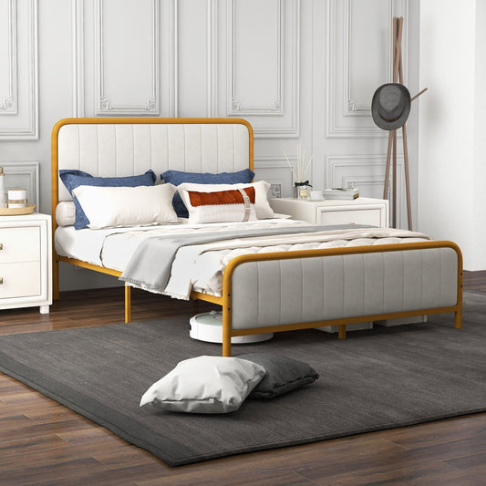 Upholstered Gold Platform Bed Frame with Velvet Headboard-Full Size, Golden - Gallery Canada