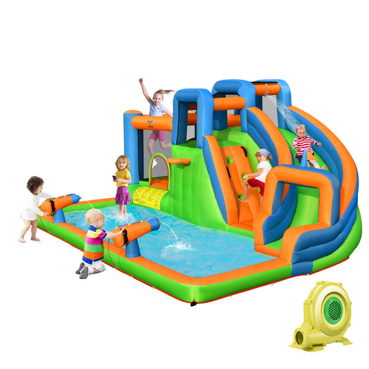 7-in-1 Inflatable Giant Water Park Bouncer, Dual Climbing Walls, 735W Blower