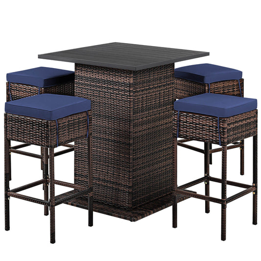 5 Piece Patio Rattan Bar Table Stool Set, Navy Patio Bar Furniture Navy at Gallery Canada