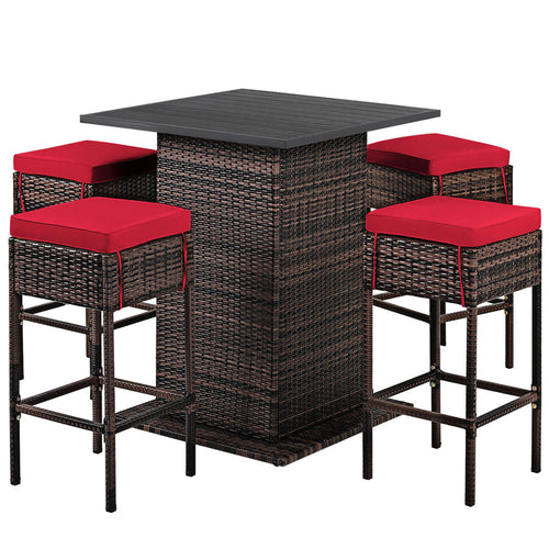 5 Pieces Patio Rattan Bar Table Stool Set Hidden Storage Shelf Cushioned, Red