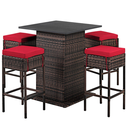 5 Piece Rattan Bar Table Stool Set, Hidden Storage Shelf, Cushioned, Red Patio Bar Furniture Red at Gallery Canada