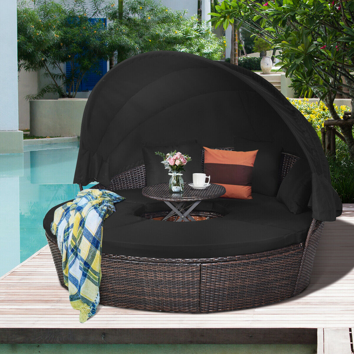 Outdoor Daybed with Retractable Canopy, Black Patio Furniture Sets at Gallery Canada