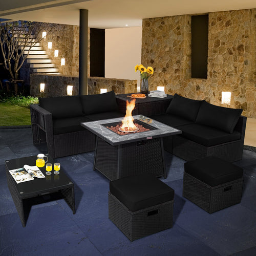 9 Pieces Outdoor Wicker Sectional with 35 Inch Gas Fire Pit Table, Black