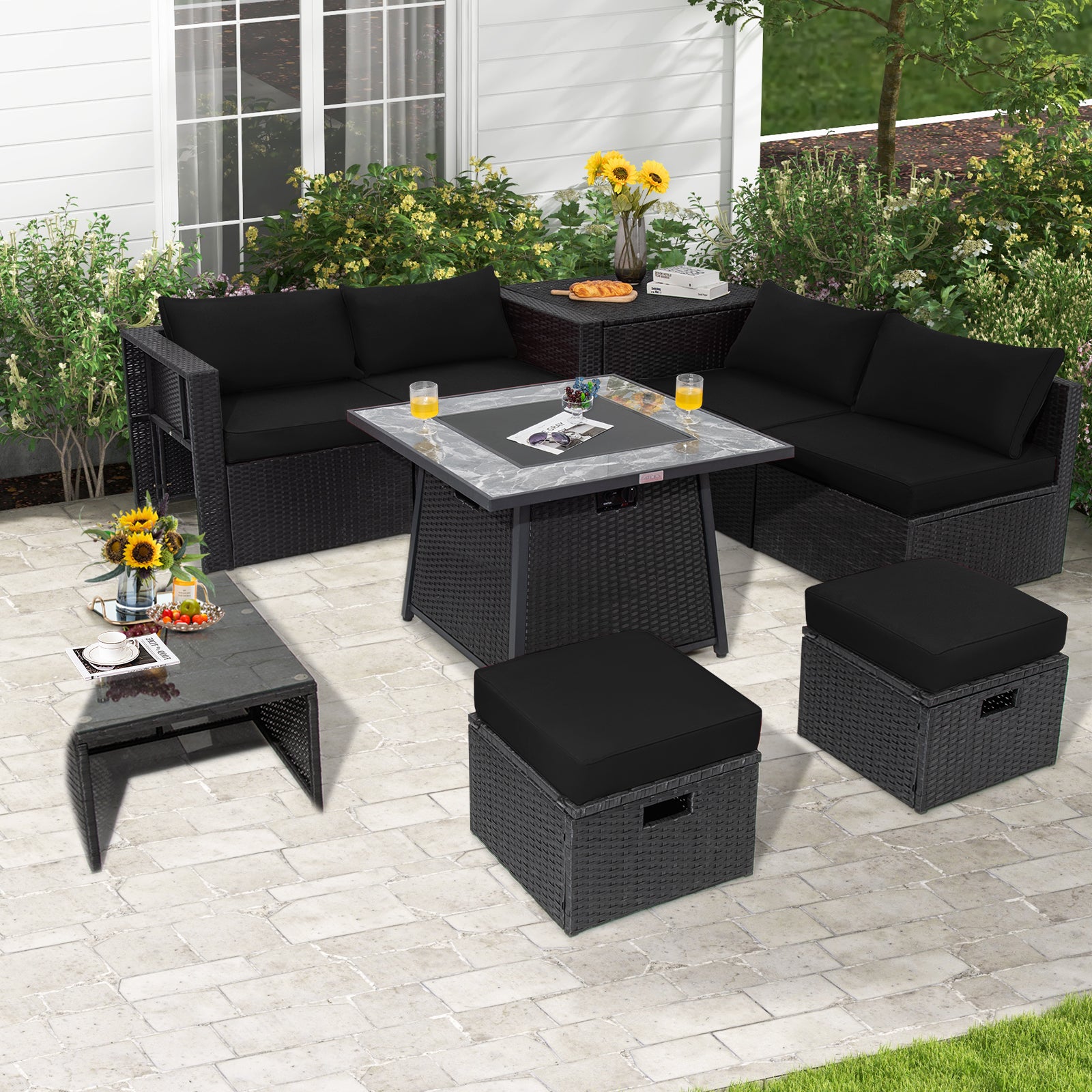 9 Pieces Outdoor Wicker Sectional with 35 Inch Gas Fire Pit Table, Black Outdoor Sectionals at Gallery Canada