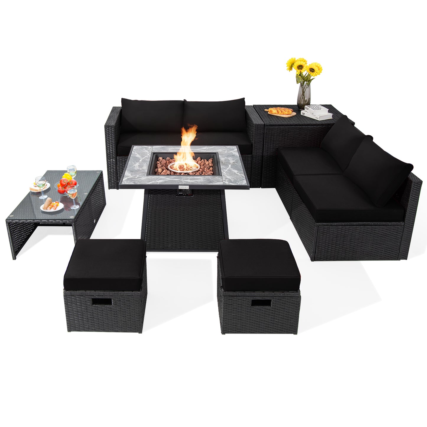 9 Piece Outdoor Wicker Sectional, 35 Inch Gas Fire Pit Table, Black Outdoor Sectionals Black at Gallery Canada