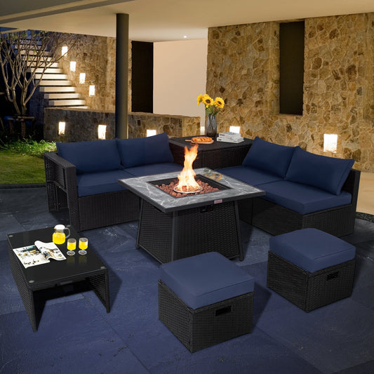 9 Pieces Outdoor Wicker Sectional with 35 Inch Gas Fire Pit Table, Navy - Gallery Canada