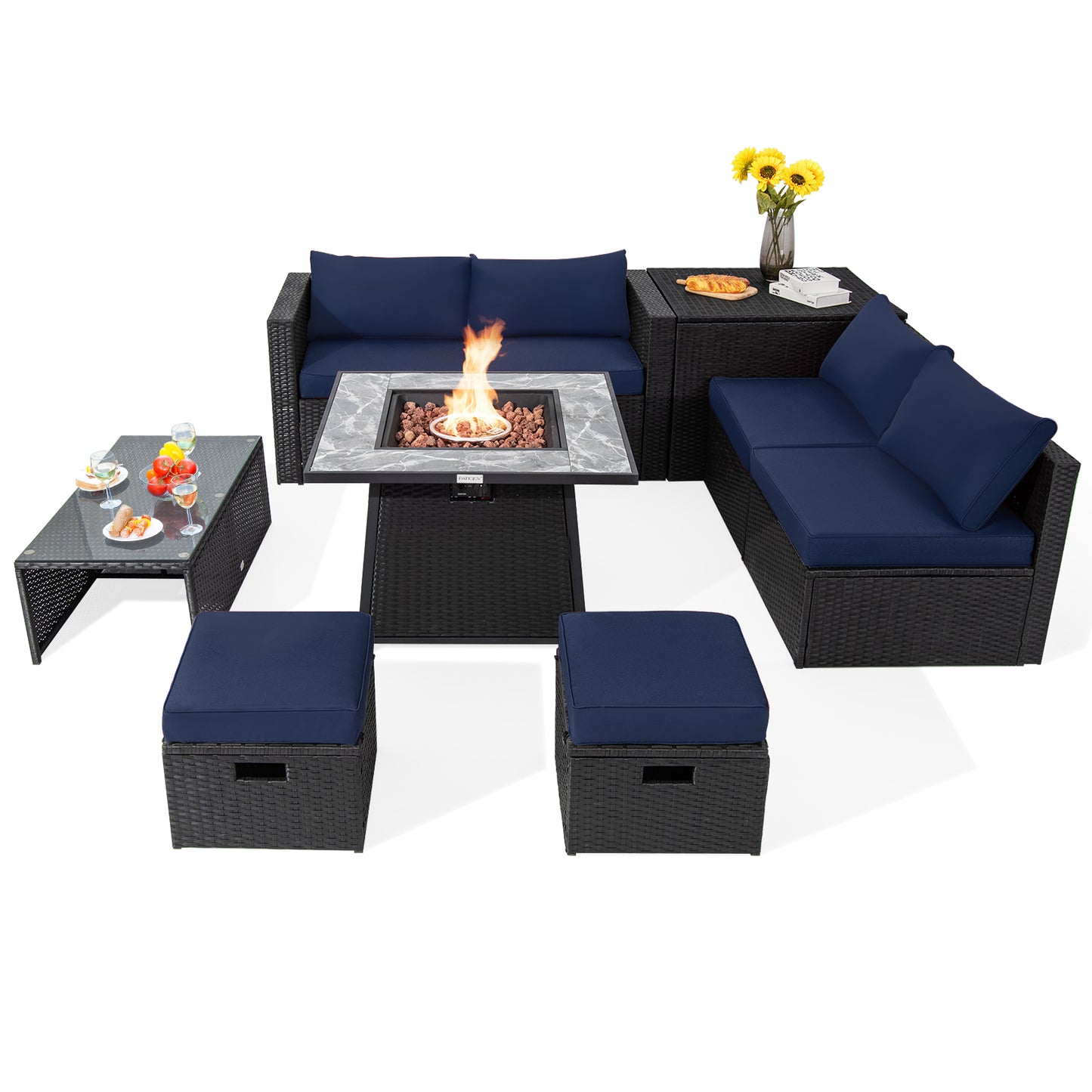 Outdoor Wicker Sectional, 35 Inch Gas Fire Pit Table, Navy Outdoor Sectionals Navy at Gallery Canada