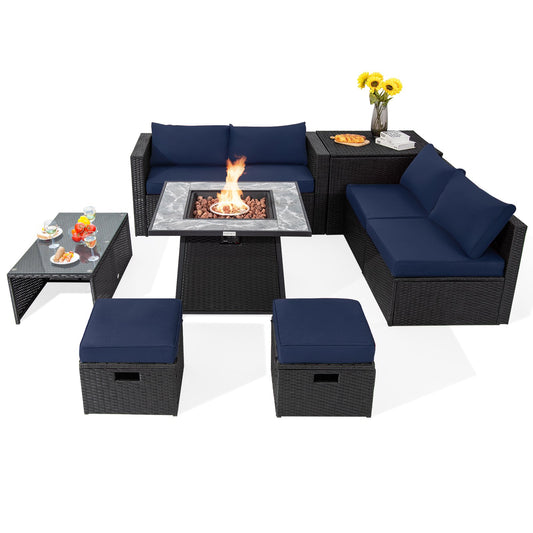 9 Pieces Outdoor Wicker Sectional with 35 Inch Gas Fire Pit Table, Navy