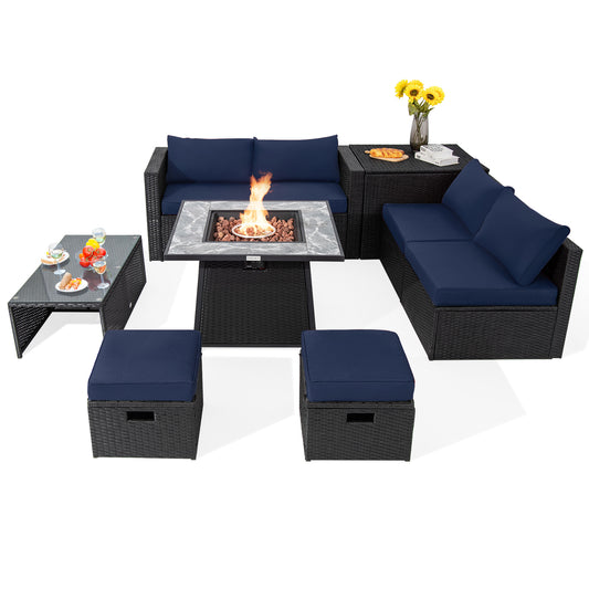Outdoor Wicker Sectional, 35 Inch Gas Fire Pit Table, Navy Outdoor Sectionals Navy at Gallery Canada