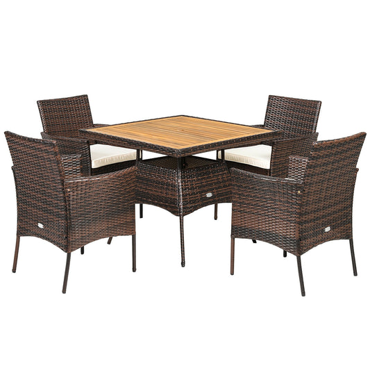 5 Pieces Patio Rattan Dining Furniture Set with Arm Chair and Wooden Table Top, Brown Patio Dining Sets Acacia Wood Tabletop at Gallery Canada