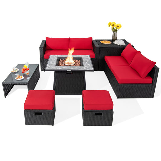 9 Pieces Outdoor Wicker Sectional with 35 Inch Gas Fire Pit Table, Red