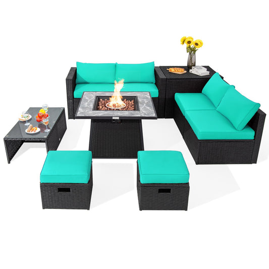 9 Pieces Outdoor Wicker Sectional with 35 Inch Gas Fire Pit Table, Turquoise