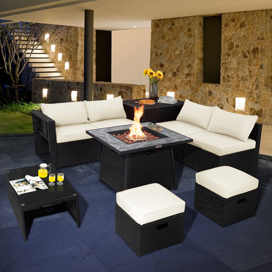 9 Pieces Outdoor Wicker Sectional with 35 Inch Gas Fire Pit Table, Off White Outdoor Sectionals Off White at Gallery Canada
