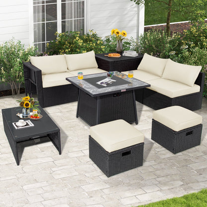 9 Pieces Outdoor Wicker Sectional with 35 Inch Gas Fire Pit Table, Off White - Gallery Canada